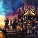 The cast of Kingdom Hearts III, sitting on a rooftop above a city.